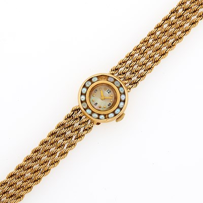 Lot 2214 - Lucien Piccard Lady's Triple Strand Gold and Split Pearl Wristwatch, Retailed by Ruser