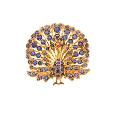 Lot 2065 - Gold, Sapphire and Ruby Peacock Pendant-Brooch
