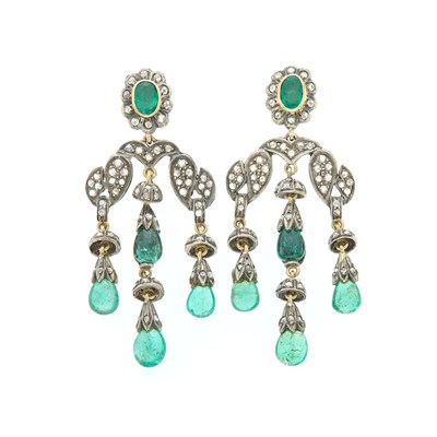 Lot 2170 - Pair of Silver, Gold, Emerald and Diamond Pendant-Earrings