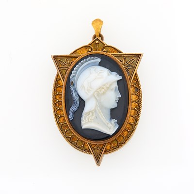 Lot 2174 - Etruscan Revival Gold and Agate Cameo Pendant-Brooch