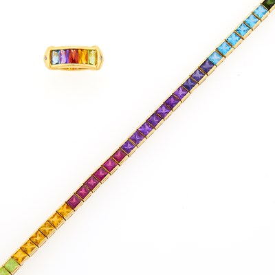 Lot 2191 - Gold and Colored Stone Bracelet and Ring