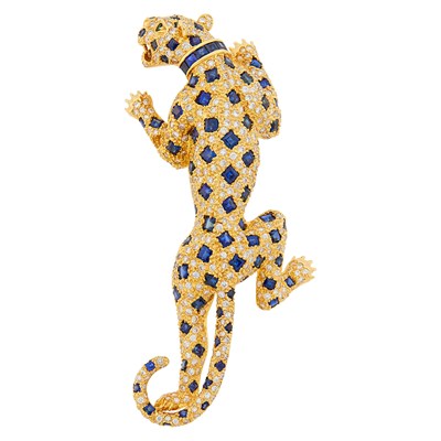 Lot 2013 - Gold, Sapphire, Emerald and Diamond Panther Pendant Clip-Brooch