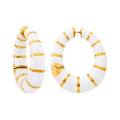 Lot 95 - Bulgari Pair of Gold and White Enamel Hoop Earrings