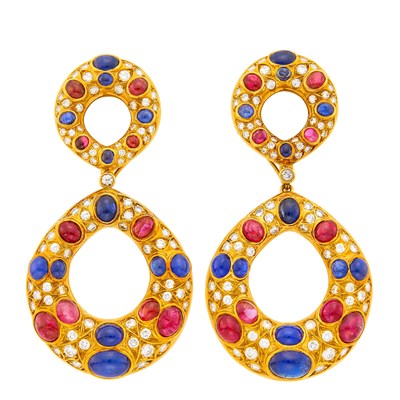 Lot 51 - Bulgari Pair of Gold, Cabochon Ruby, Sapphire and Diamond Pendant-Earclips/Clip-Brooches Combination