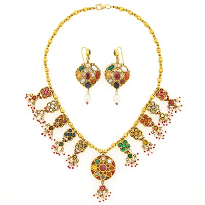 Lot 3032 - Indian Gold, Jaipur Enamel, Diamond, Freshwater Pearl, Foil-Backed Paste and Gem-Set Fringe Navratna Pendant-Necklace and Pair of Pendant-Earrings