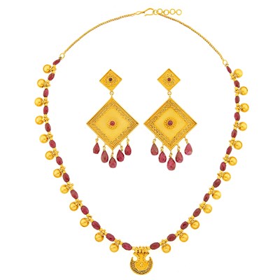 Lot 3034 - Pair of High Karat Gold and Ruby Bead Pendant-Earrings and Necklace