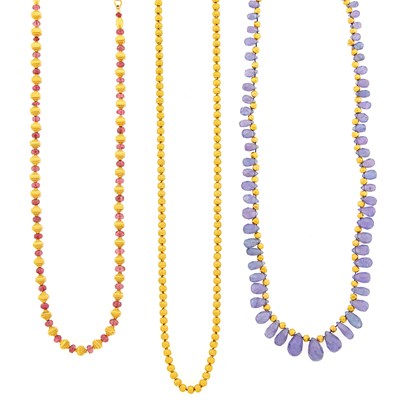 Lot 3005 - High Karat Gold Bead Necklace, Gold and Pink Sapphire Bead Necklace and High Karat Gold and Tanzanite Bead Necklace
