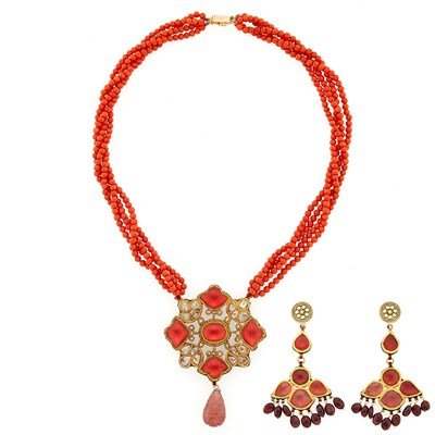 Lot 3030 - Indian Four Strand Coral Bead Necklace with High Karat Gold, Jaipur Enamel, Foil-Backed Diamond and Paste and Carved Pink Tourmaline Bead Necklace and Pair of Pendant-Earrings