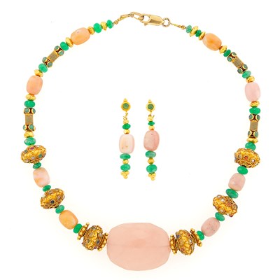 Lot 3013 - Indian High Karat Gold, Emerald, Rose Quartz and Coral Bead, Gem-Set and Paste Necklace and Pair of Pendant-Earrings