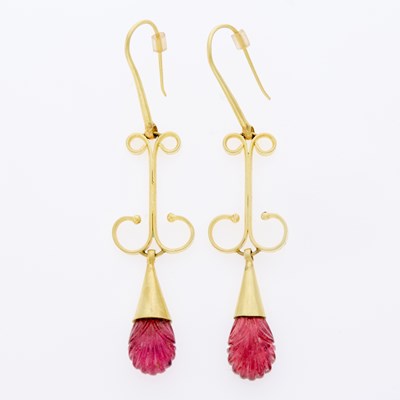 Lot 3012 - Pair of Gold and Carved Pink Tourmaline Pendant-Earrings