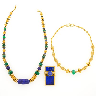 Lot 3023 - High Karat Gold, Lapis and Diamond Brooch, Two Gold, Lapis, Emerald and Sapphire Bead Necklaces