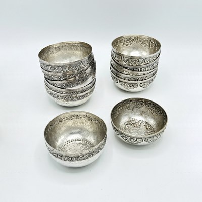 Lot 1262 - Two Sets of Six Persian Silver Bowls