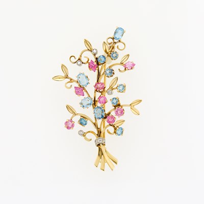 Lot 2043 - Gold, Pink Sapphire, Aquamarine and Diamond Brooch