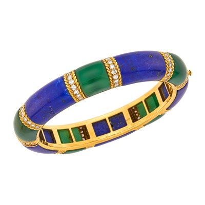 Lot 20 - Van Cleef & Arpels Gold, Lapis, Green Onyx and Diamond Bangle Bracelet, France