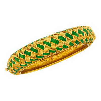 Lot 12 - Tiffany & Co. Gold and Green Enamel Bangle Bracelet