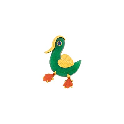 Lot 16 - Cartier Gold, Aventurine Quartz, Carved Coral and Sapphire Duck Clip-Brooch, France