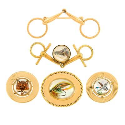 Lot 2199 - Three Gold and Reverse Crystal Intaglio Brooches, Gold Brooch and Costume Brooch