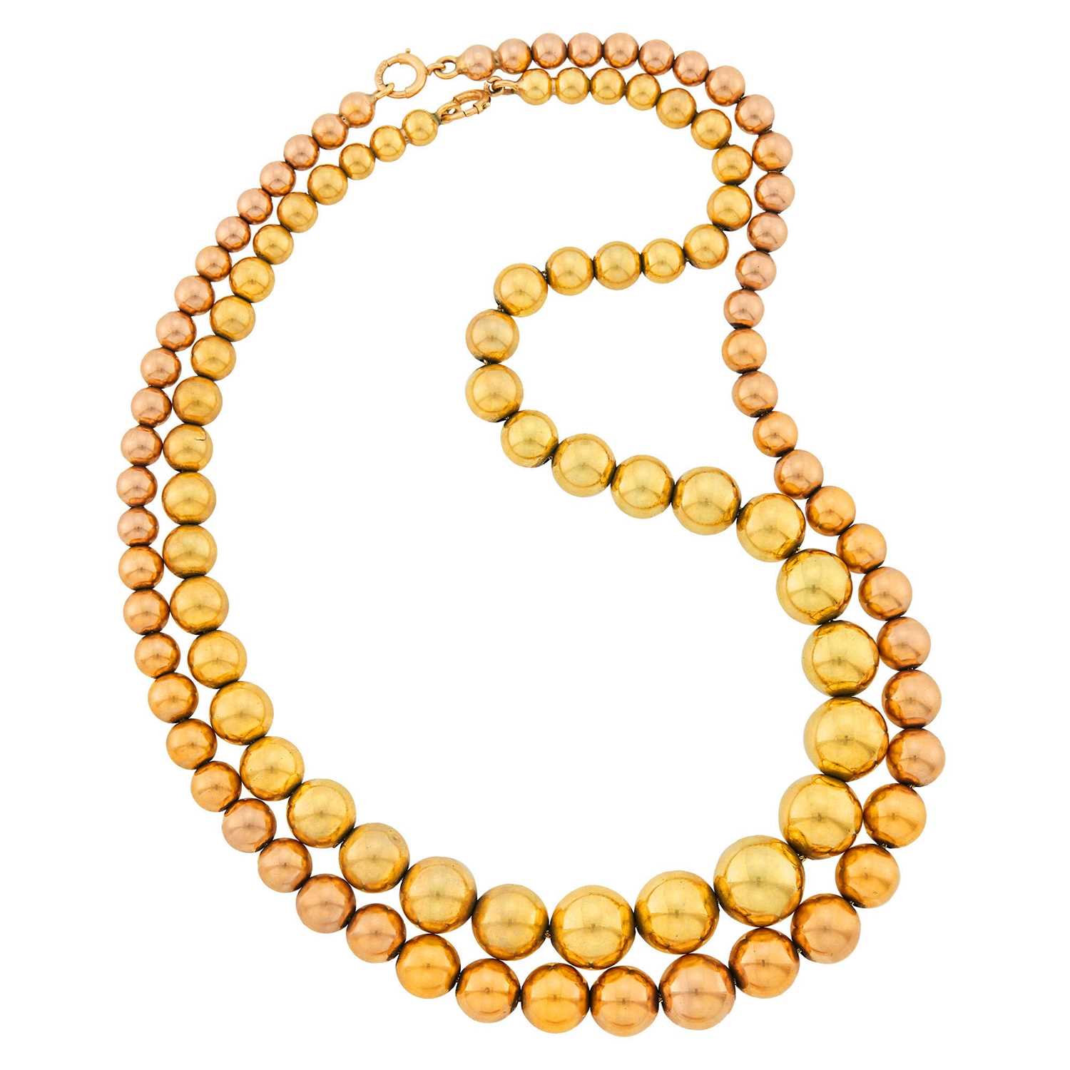 Lot 1083 - Pair of Yellow and Rose Gold Bead Necklaces