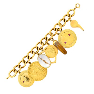 Lot 1015 - Gold, Metal and Gem-Set Charm Bracelet