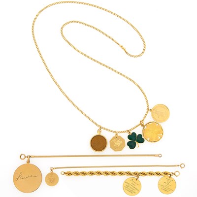 Lot 2295 - Group of Gold, Low-Karat Gold-Filled, Metal and Enamel Charm Bracelets and Necklace
