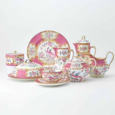 Lot 43 - Assembled Mintons Porcelain 'Pink Cockatrice' Pattern Partial Dinner Service