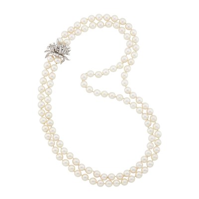 Lot 68 - Long Double Strand Cultured Pearl Necklace with Platinum and Diamond Clasp