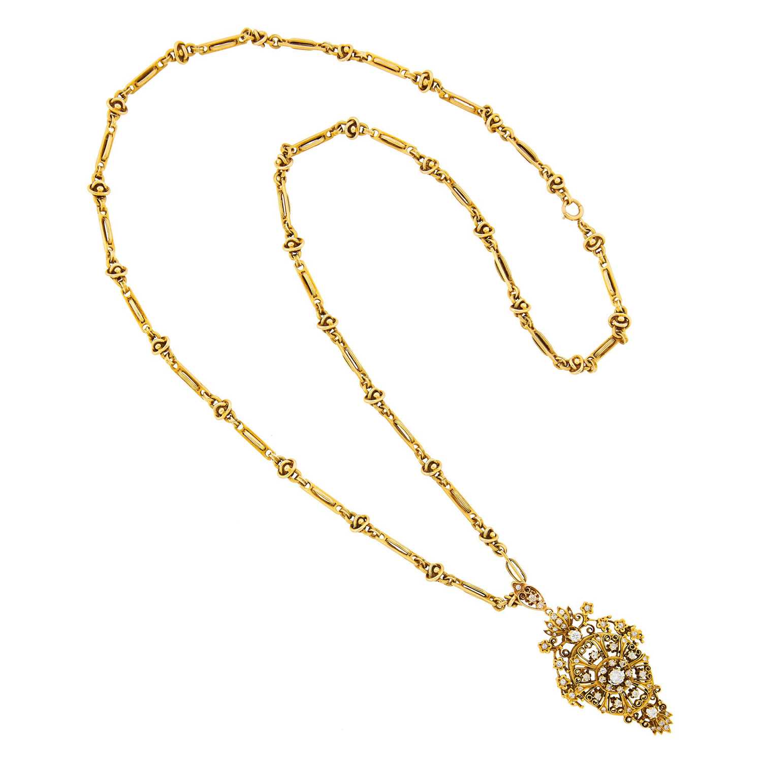 Lot 1074 - Gold and Diamond Pendant-Brooch with Chain Necklace