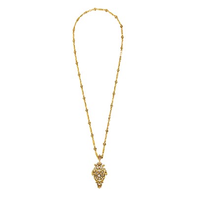 Lot 1074 - Gold and Diamond Pendant-Brooch with Chain Necklace