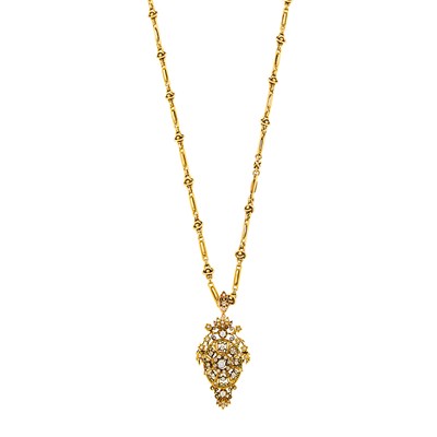 Lot 1074 - Gold and Diamond Pendant-Brooch with Chain Necklace