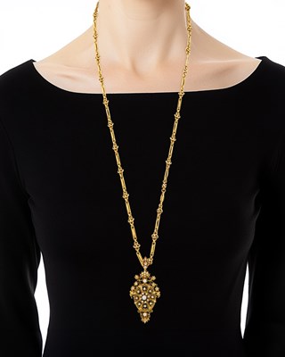 Lot 1074 - Gold and Diamond Pendant-Brooch with Chain Necklace