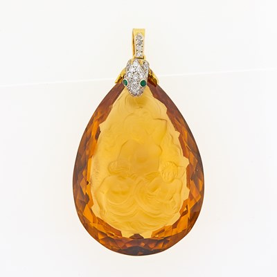 Lot 2212 - Gold, Carved Citrine, Emerald and Diamond Pendant