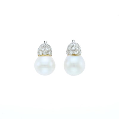 Lot 2106 - Pair of White Gold, South Sea Cultured Pearl and Diamond Ear Pendants