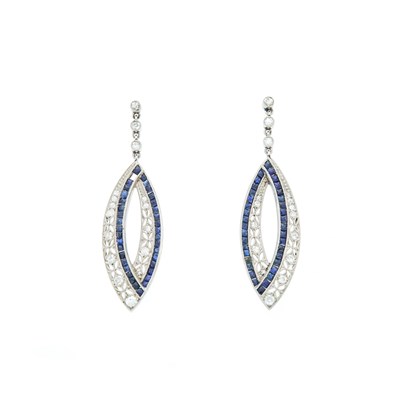 Lot 2119 - Pair of Platinum, Sapphire and Diamond Pendant-Earrings