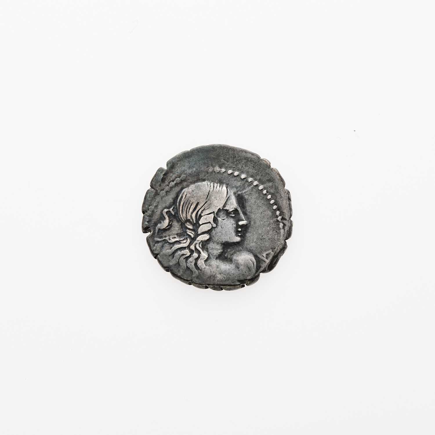 Lot 21 - Q. Crepereius M.f. Rocus. c. 72 B.C.E. AR Denarius Serratus (3.55g, 18mm).