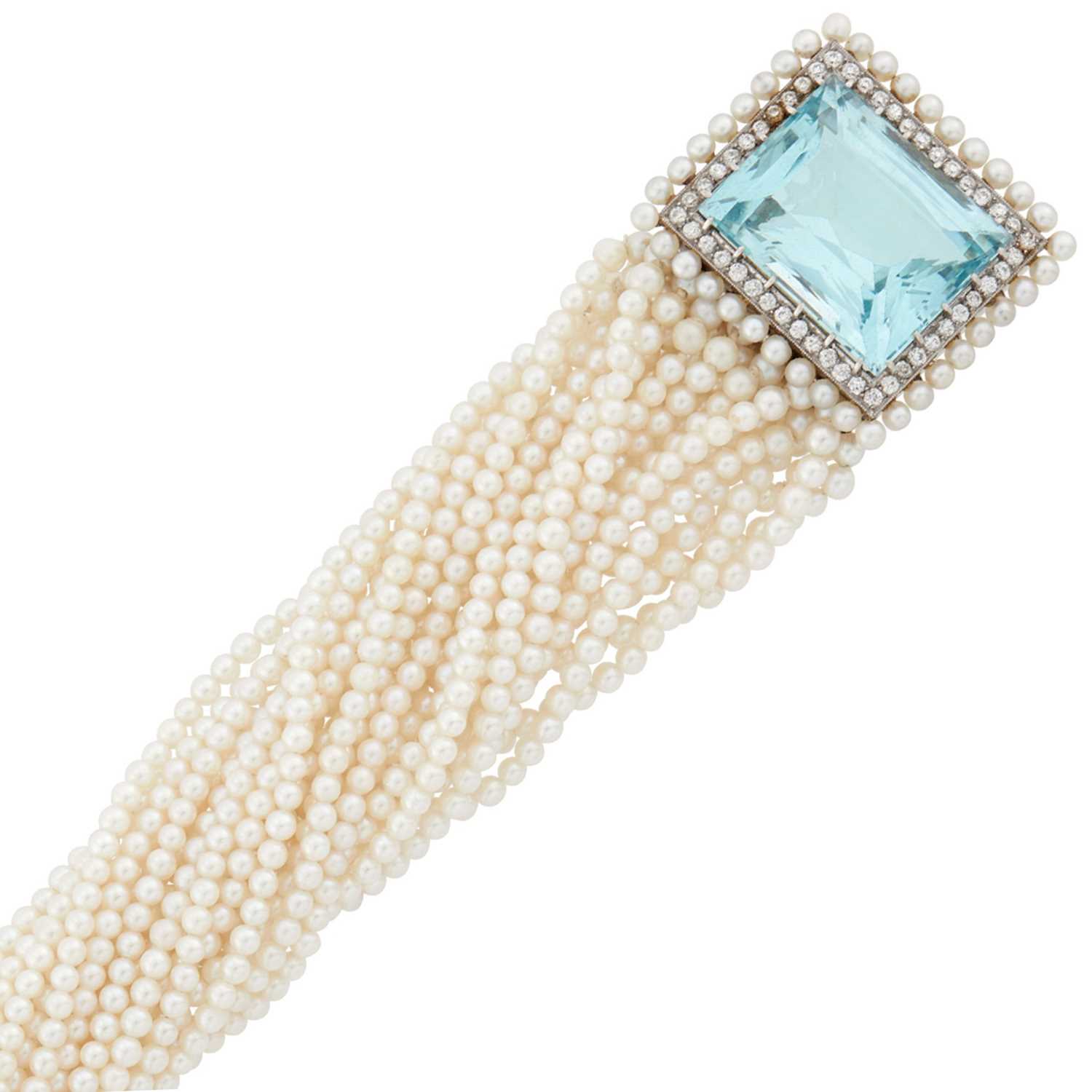 Lot 1033 - Multistrand Cultured Pearl Torsade Bracelet with White Gold, Aquamarine and Diamond Clasp
