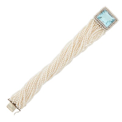 Lot 1033 - Multistrand Cultured Pearl Torsade Bracelet with White Gold, Aquamarine and Diamond Clasp