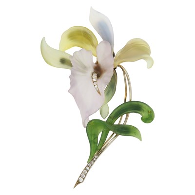 Lot 56 - White Gold, Carved Frosted Amethyst, Nephrite, Colored Crystal and Diamond Flower Pendant-Brooch