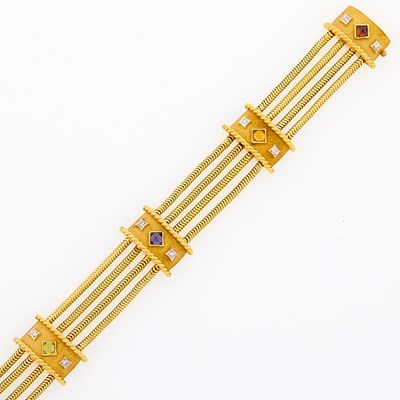 Lot 2269 - Maz Four Strand Gold, Colored Stone and Diamond Bracelet
