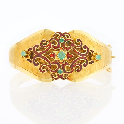Lot 2171 - Gold, Red Enamel and Cabochon Emerald Bangle Bracelet