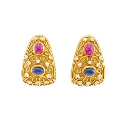 Lot 2009 - Pair of Gold, Cabochon Ruby and Sapphire and Diamond Half-Hoop Earrings
