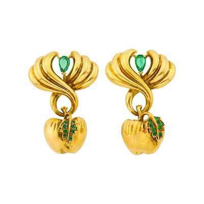Lot 8 - Cartier Pair of Gold and Emerald Apple Pendant-Earrings