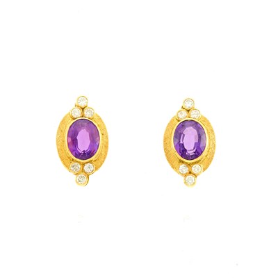Lot 2037 - Pair of Gold, Amethyst and Diamond Earrings