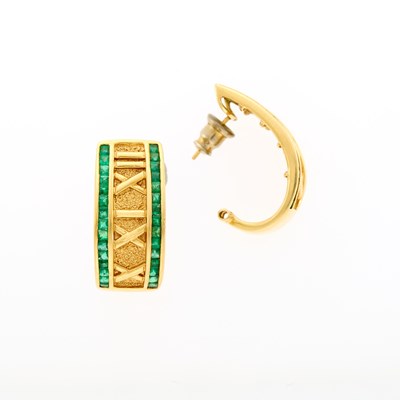 Lot 2062 - Pair of Gold and Emerald Half Hoop Earrings