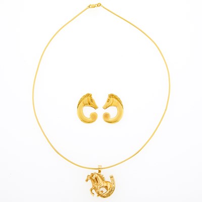 Lot 2063 - Pair of Gold Horse Earrings and Horse and Horseshoe Pendant with Omega Chain Necklace