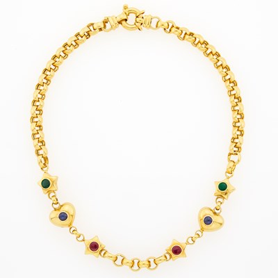 Lot 2197 - Gold, Cabochon Sapphire and Glass Circle Link Necklace
