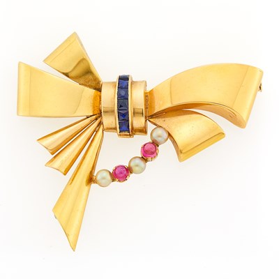 Lot 2198 - Retro Gold and Synthetic Gem-Set Bow Brooch