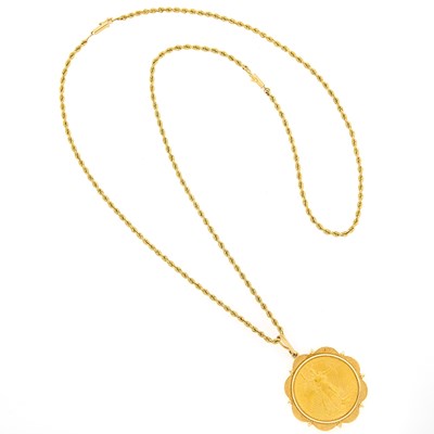 Lot 2076 - Gold and Gold Coin Pendant with Rope-Twist Chain Necklace
