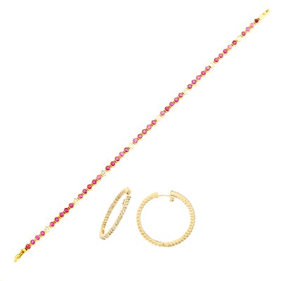 Lot 2279 - Gold, Ruby and Diamond Bracelet and Pair of Hoop Earrings
