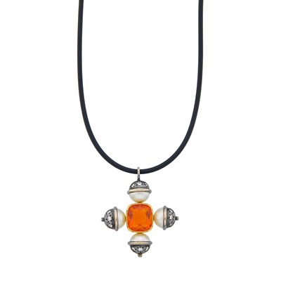 Lot 89 - JAR Two-Color Gold, Iron, Fire Opal, Cultured Pearl and Diamond Pendant with Cord Necklace