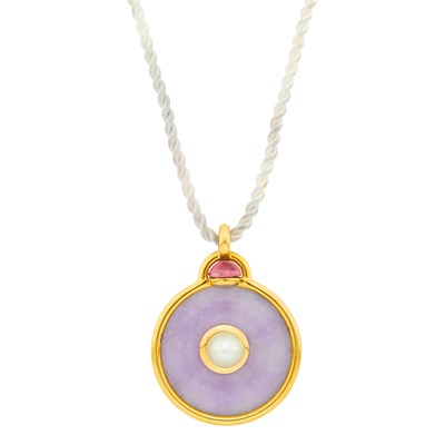 Lot 98 - JAR Paris Gold, Lavender Jade, Natural Button Pearl and Cabochon Pink Tourmaline Pendant with White Cord Necklace